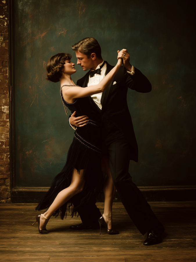 Paar tanzt in Abendgardrobe, er im Black Tie und sie im Cocktailkleid