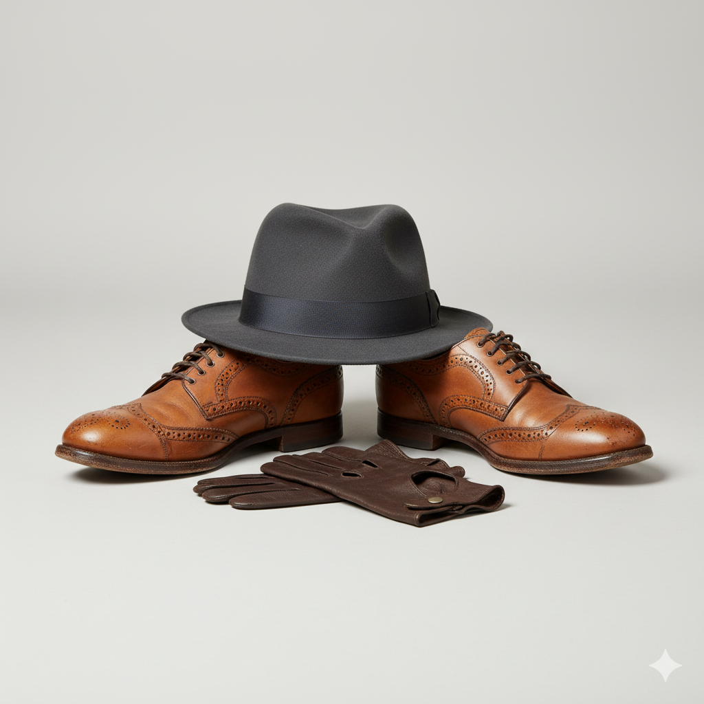 Vintage Mode, braune Schuhe, grauer Hut und Autohandschuhe