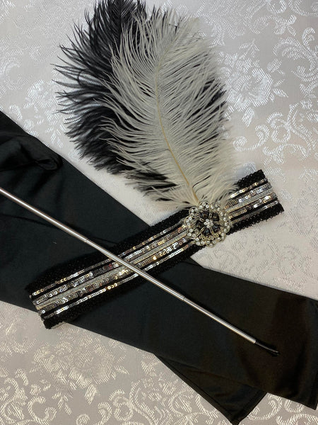 Charleston Gatsby Set für Damen schwarze lange Handschuhe, Kopfschmuck und silberne Zigarettenspitze