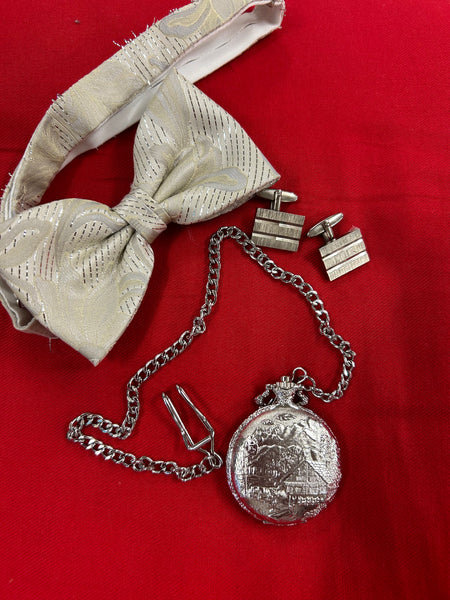 Vintage 20er Jahre Herren-Set mit Taschenuhr, Fliege und Manschettenknöpfe in silber