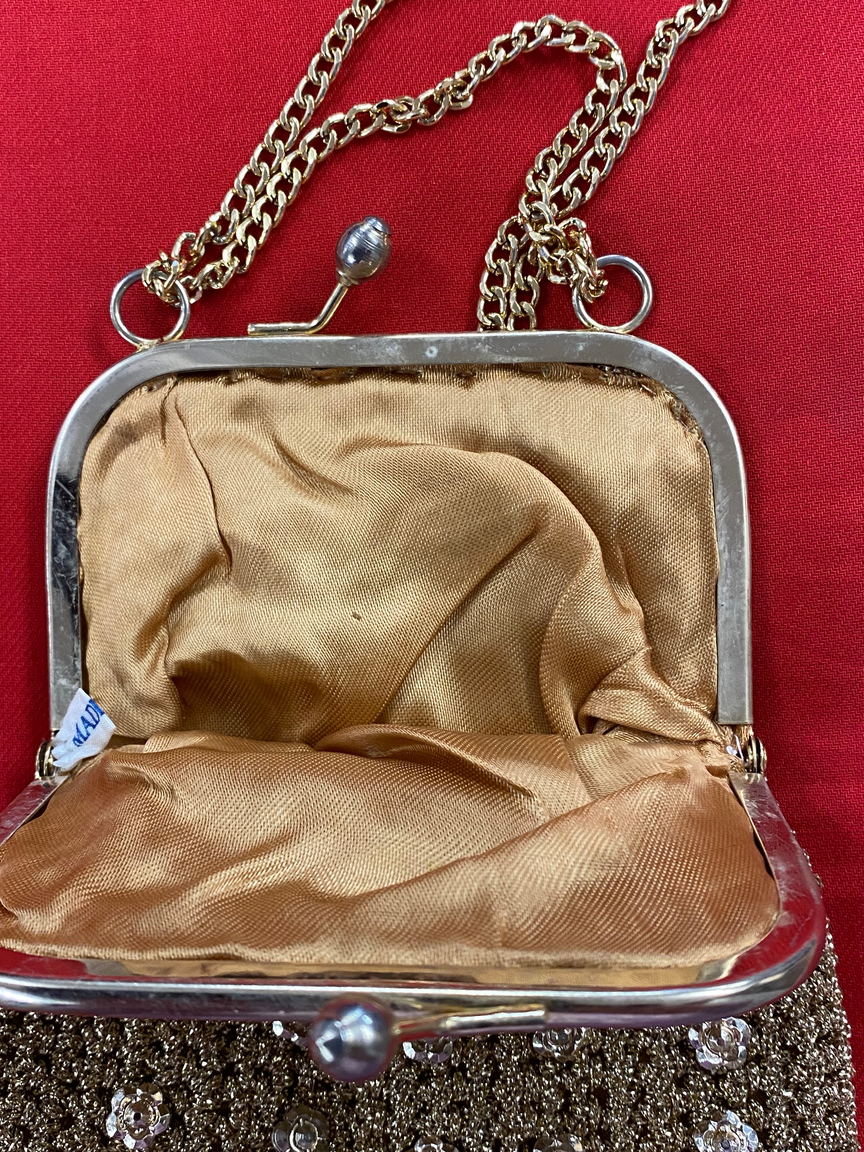 Vintage italienische Gold Lurex Häkeltasche mit Kettengriff