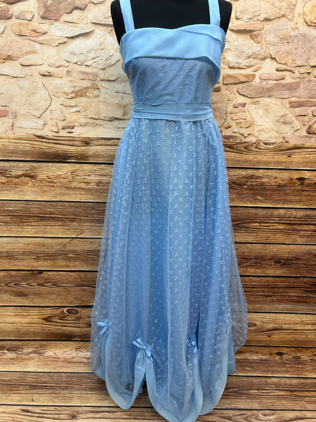 Hellblaues Vintage-Abendkleid aus den 60ern, bodenlang, Tüll mit Blümchenmuster und Schleifen, Größe 34-36, Hersteller Weise Festmoden