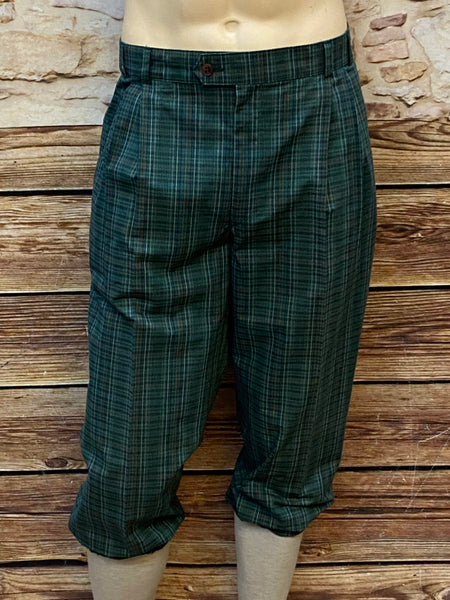 Dunkelgrün karierte Knickerbockerhose mit gerafftem Saum, Größe 50, Bundweite 93 cm, ungetragen – 20er‑Jahre‑Stil.