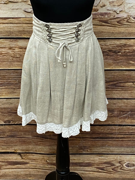 „Kurzer beiger Trachtenrock aus Leinenmix mit Kordelschnürung und Trachtenknöpfen vorn, Größe 34“