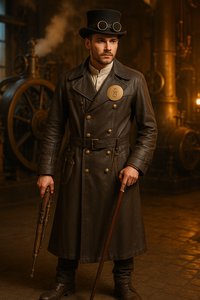 Brauner Ledermantel für Herren im Steampunk Design unikat Größe 52
