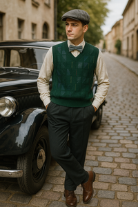 Komplettes Vintage-Herren-Outfit der 20er Jahre: cremefarbenes Hemd, schwarze Bundfaltenhose, dunkelgrüner Pullunder, graue Fliege und Patchwork-Schiebermütze.