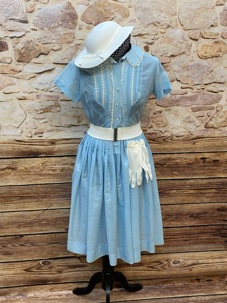 Vintage Kleid  Oldtimer Mode hellblau Gr.34/36, mit Hut und Handschuhen