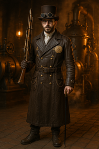 Handveredelter Steampunk Ledermantel in braun, Unikat, Gr.52
