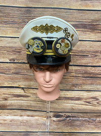 Vintage Polizei-Mütze in weiß, handeredlet als Steampunk-Kopfbedeckung Größe 59