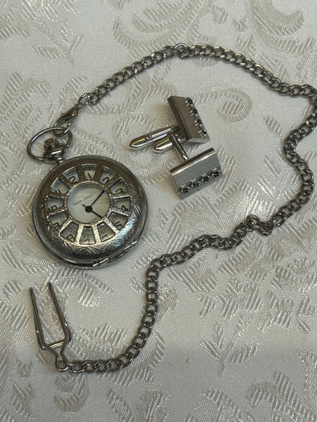 „Taschenuhr-Set mit Manschettenknöpfen und blauen Steinen, silberfarben“