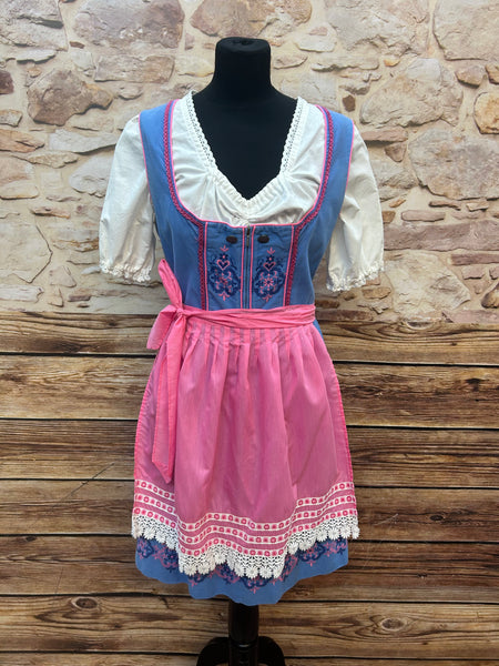 Himmelblaues Vintage Dirndls mit pinker Schürze und weißer Dirndlbluse, Größe 42, Salzburger Trachten, 1980er-Stil.