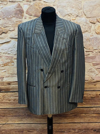 Vintage Herren-Doppelreiher-Sakko in Größe 50, grau-blau gestreifter Wollmix mit breiten Revers und Doppelknopfreihe