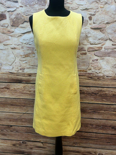 Gelbes Vintage Etuikleid Gr. 38, sehr guter Zustand, strukturiertes Baumwoll-Mix, gefüttert, Rücken-Reißverschluss
