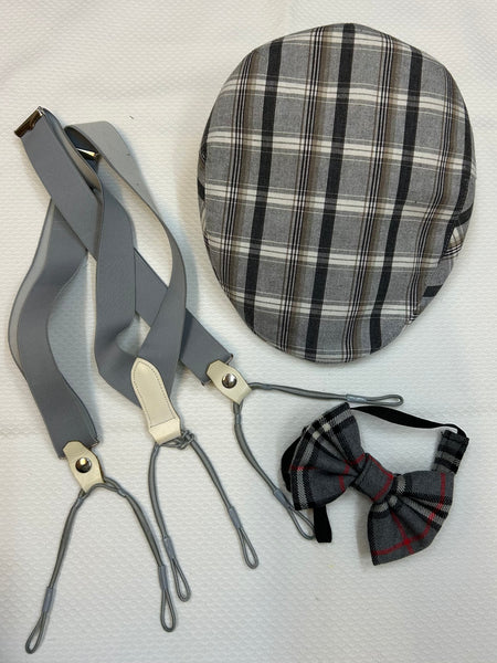 Komplettes 20er-Jahre-Herren-Set mit Schiebermütze, Fliege und Hosenträgern in Grau