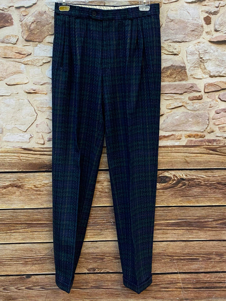 Karierten Vintage Herren-Hose aus Schurwolle, Karomusters in Blau-Grün mit bunten Akzenten. Größe 48
