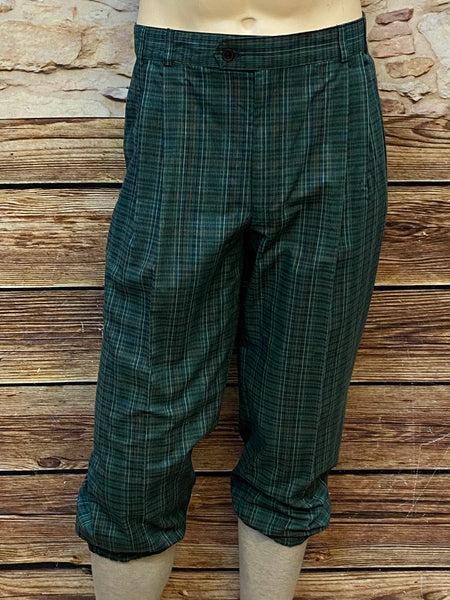 Ungetragene Herren-Knickerbocker, Größe 50, Bund 90 cm, dunkelgrün kariert, 100 % Baumwolle, 1920er-Jahre-Stil, seitliche Taschen, geraffte Beinabschlüsse.