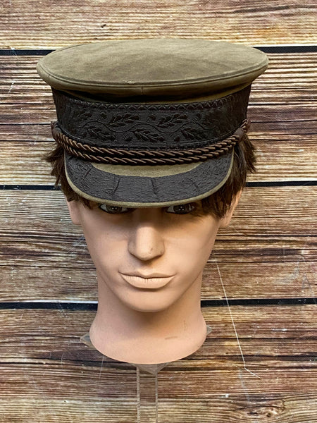 „Vintage Prinz-Heinrich-Mütze 1970er in Olivbraun mit Kordel und gemustertem Band, Größe 58 – echtes Leder, Made in Germany“