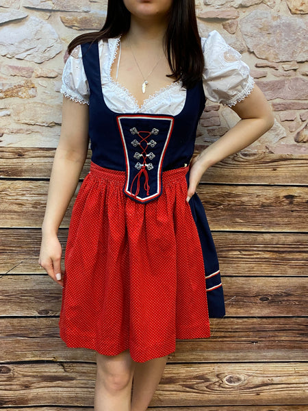 Fesches dunkelblaues Balkonett-Dirndl Vintage Dirndlkleid Gr. 34, mit roter Schürze