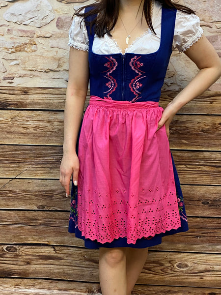 Dunkelblaues Vintage Dirndl mit rosa Schürze Gr.36, aus den 70er Jahre