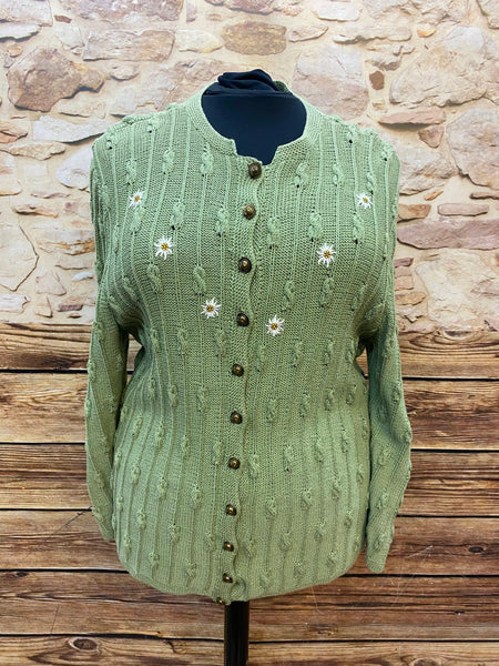 Vintage Strickjacke in Hellgrün mit Edelweiß-Stickerei – Größe 50