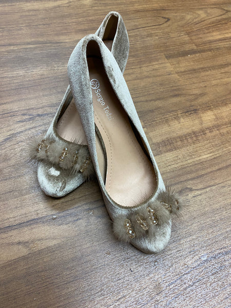 Vintage Damen Schuh mit Fell-Puschel, Pumps Gr.39 in beige