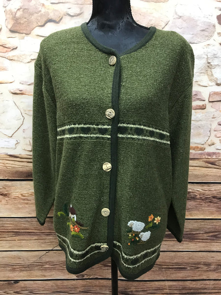 Grüne Vintage Trachten Strickjacke Damen Größe 44 mit ländlicher Motivstickerei, Metallknöpfen, Wollmischgewebe, guter Zustand, handwaschbar.