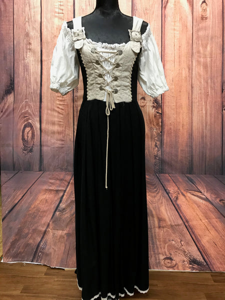 Vorderansicht des langen Vintage Landhauskleids in Natur und Schwarz, Größe 36.