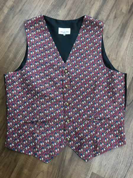 Vintage Herrenweste aus Seide in weinrot mit Golfer-Motiv, Marke Art of Silk, Größe M, Rückseite schwarz, verstellbar, Zustand gut.