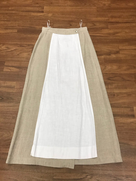 Vintage Trachten-Wickelrock aus 100% Leinen, beige mit weißem Einsatz, Größe 36, von C&A Landhaus.