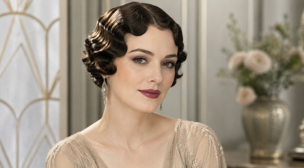 „Fotorealistisches Titelbild mit echter Frau im 20er-Jahre-Stil mit Wasserwelle, typischem 20er-Jahre-Make-up und elegantem Vintage-Porträt im hellen Art-Déco-Ambiente“