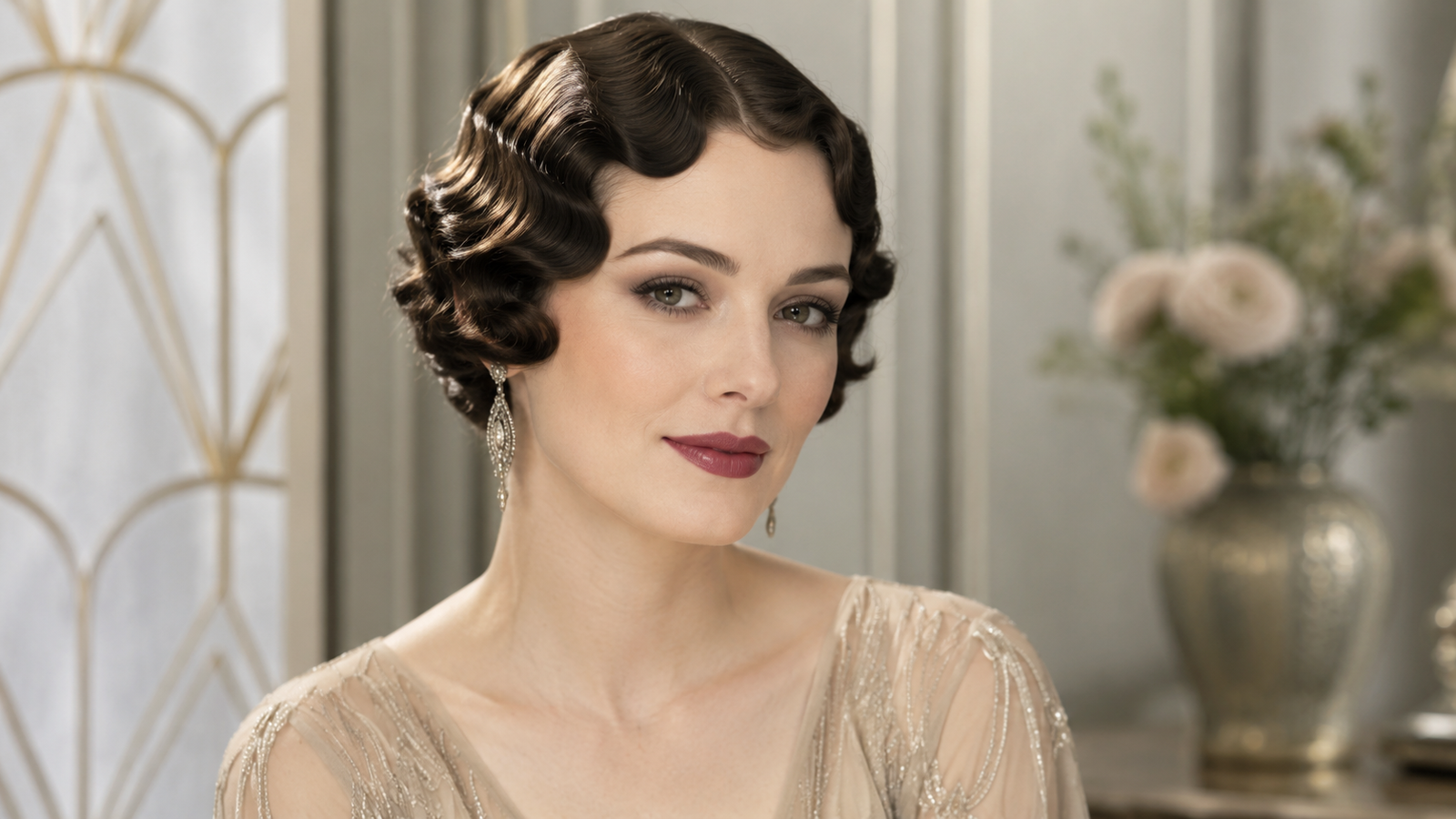 „Fotorealistisches Titelbild mit echter Frau im 20er-Jahre-Stil mit Wasserwelle, typischem 20er-Jahre-Make-up und elegantem Vintage-Porträt im hellen Art-Déco-Ambiente“