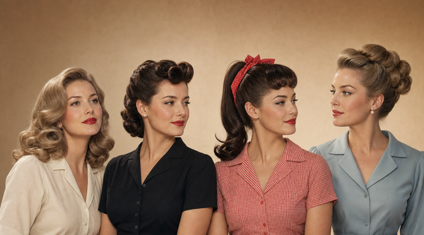 Vier Frauen mit unterschiedlichen 50er-Jahre Frisuren im Rockabilly- und Hollywood-Stil