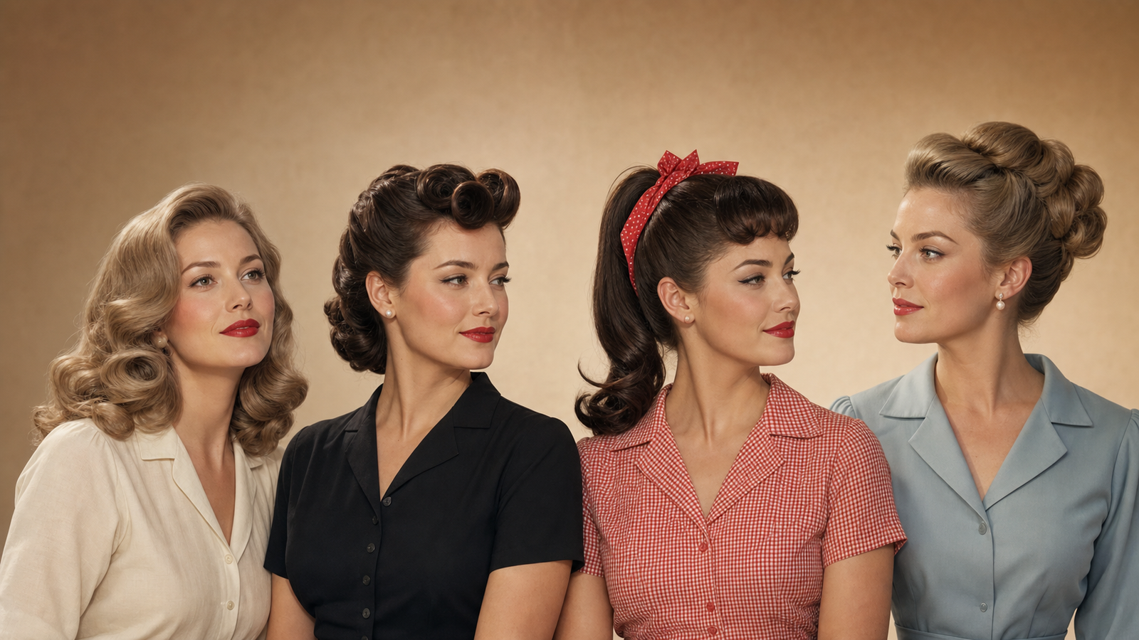 Vier Frauen mit unterschiedlichen 50er-Jahre Frisuren im Rockabilly- und Hollywood-Stil