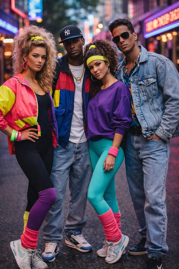 „80er Jahre Mode mit bunten Neon Outfits für Damen und Herren im typischen Retro Stil der 1980er Jahre“