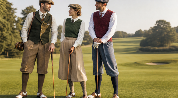 Hickory-Golf-Outfit für Herren im 20er-Jahre Stil mit Knickerbocker, Weste und Schiebermütze auf einem Golfplatz