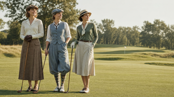 Vintage Golf Outfit für Damen mit Blusen, Röcken und Hüten im historischen Stil auf einem Golfplatz