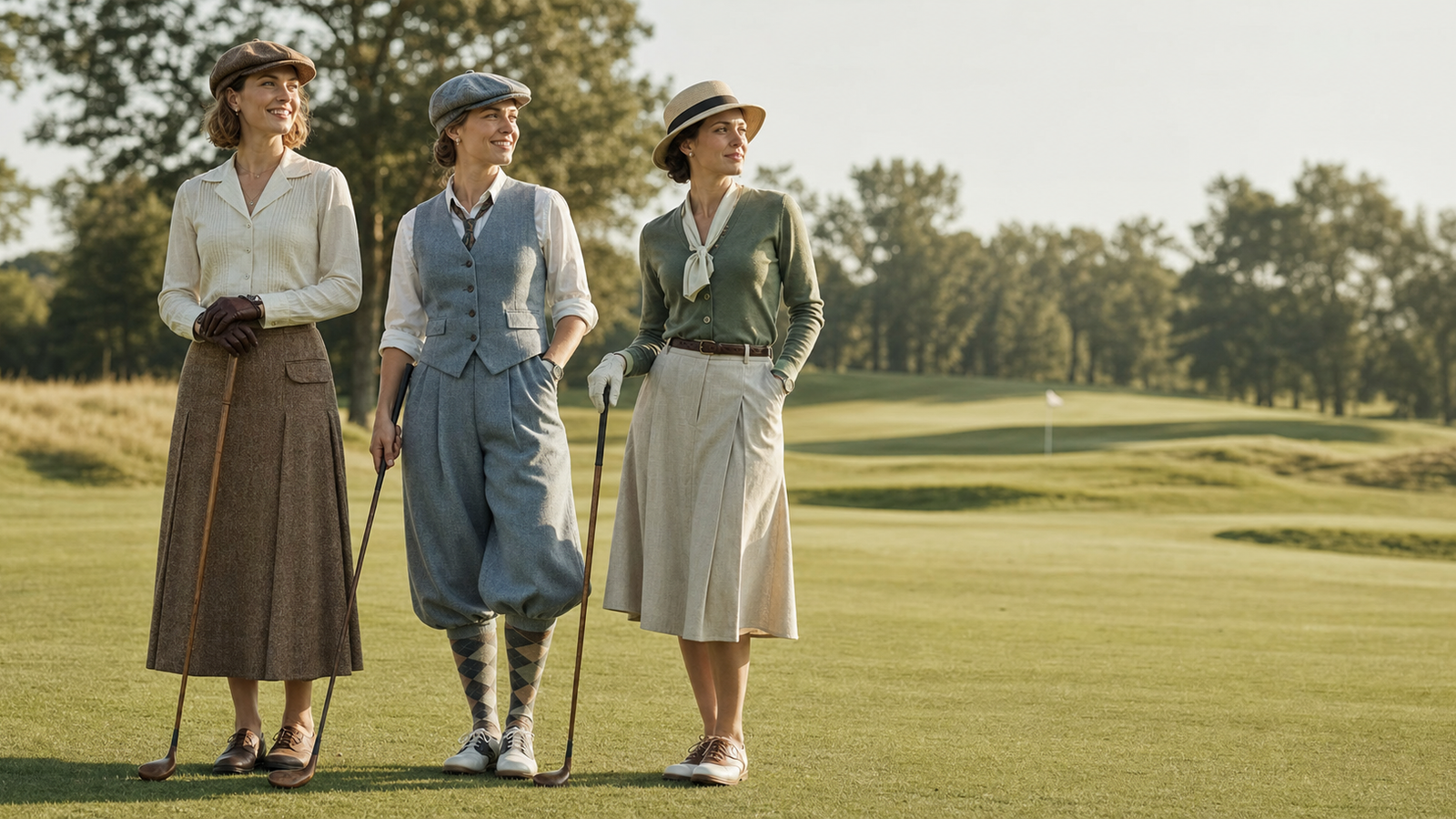 Vintage Golf Outfit für Damen mit Blusen, Röcken und Hüten im historischen Stil auf einem Golfplatz