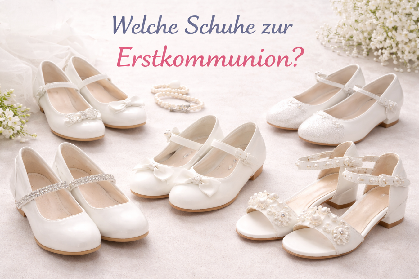 „Verschiedene weiße Kommunionschuhe für Mädchen – Ballerinas und festliche Schuhe zur Erstkommunion