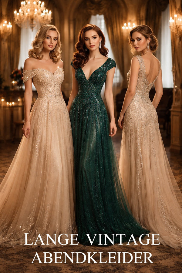 „Elegante lange Vintage Abendkleider in edlen Stoffen mit glamourösem Look für festliche Anlässe“