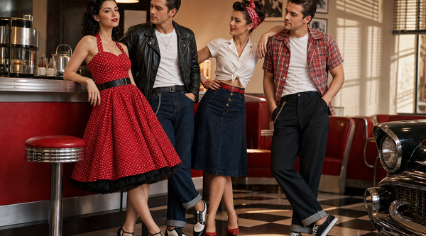 Zwei Frauen und zwei Männer in kompletten Rockabilly-Outfits im 50er-Jahre Stil
