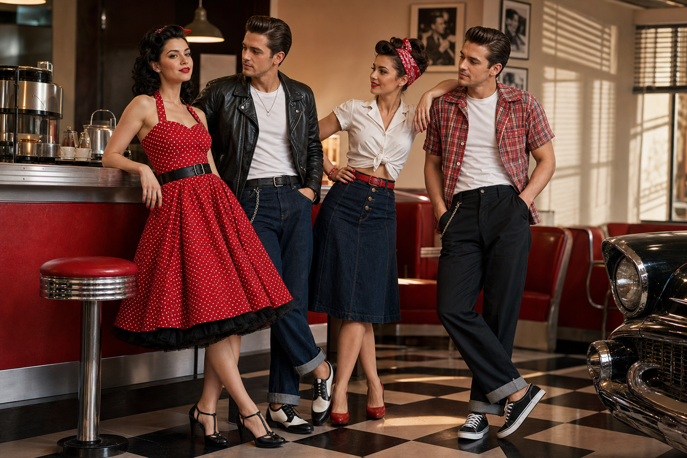 Zwei Frauen und zwei Männer in kompletten Rockabilly-Outfits im 50er-Jahre Stil