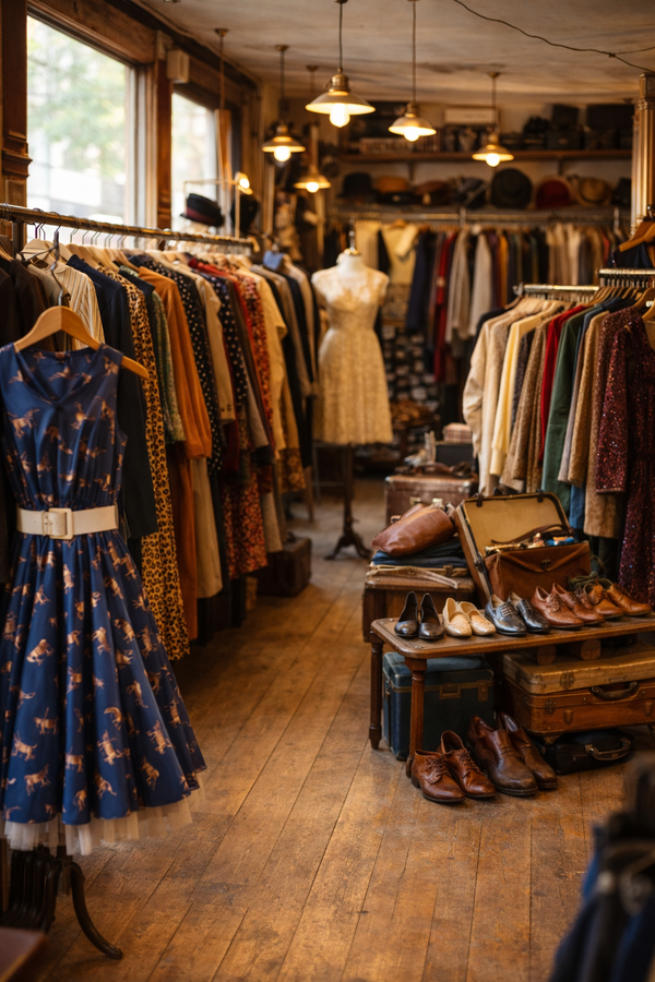 „Secondhand Vintage Kleidung in einem Retro Shop