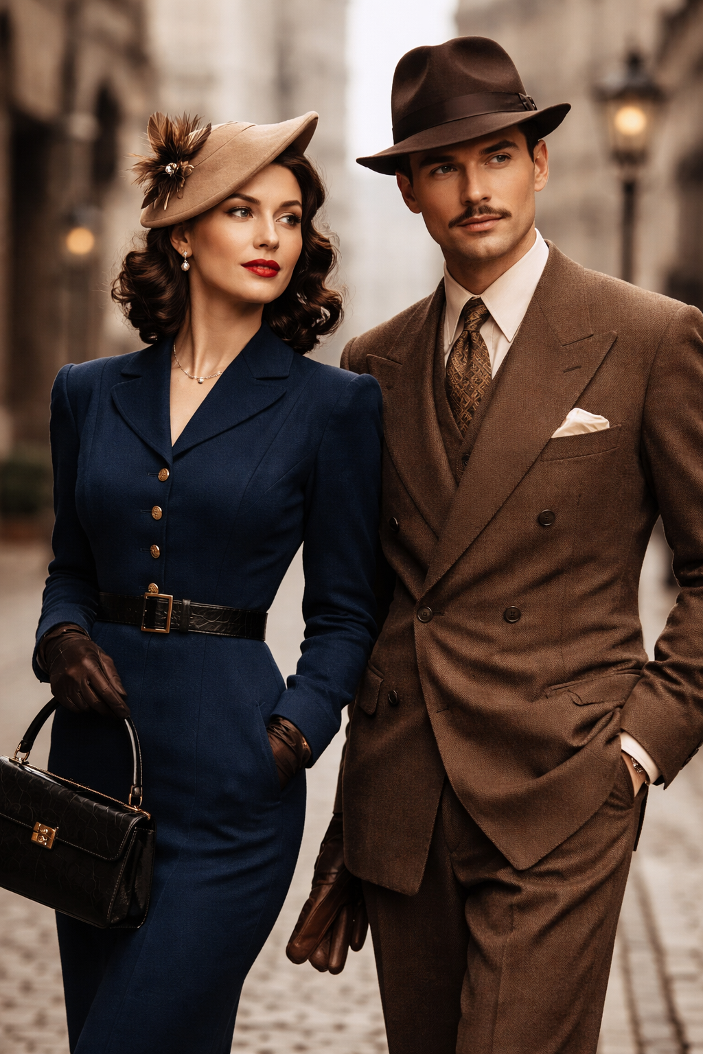 „Elegantes Paar in 40er Jahre Mode mit Vintage Kleid und Herrenanzug mit Hut in stilvoller historischer Umgebung“