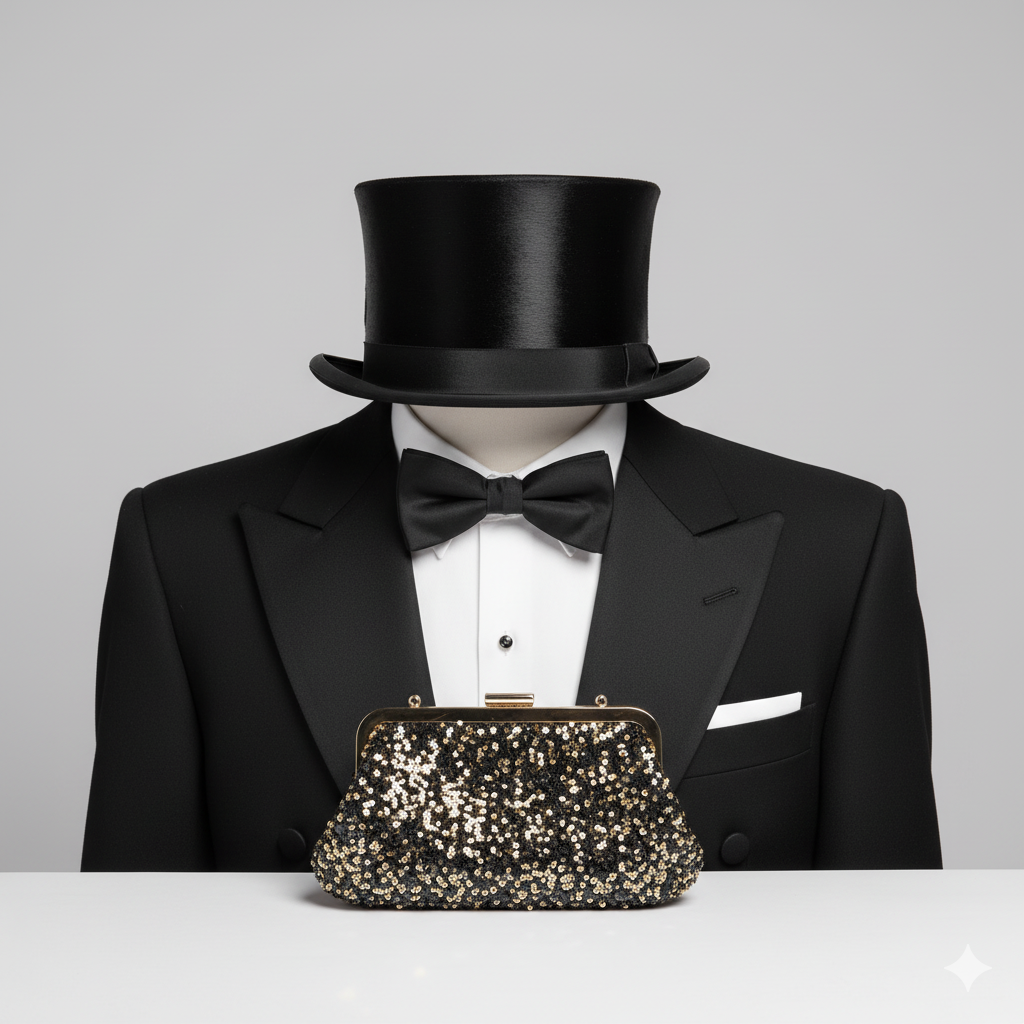 Abendgardrobe, Frack, Zylinder und goldene Abendhandtasche