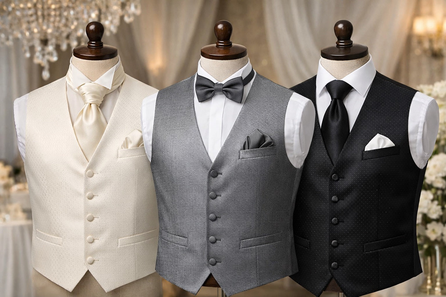 „Elegante Hochzeitswesten für Herren in Elfenbein, Grau und Schwarz als Set mit Plastron und Fliege für festliche Anlässe“