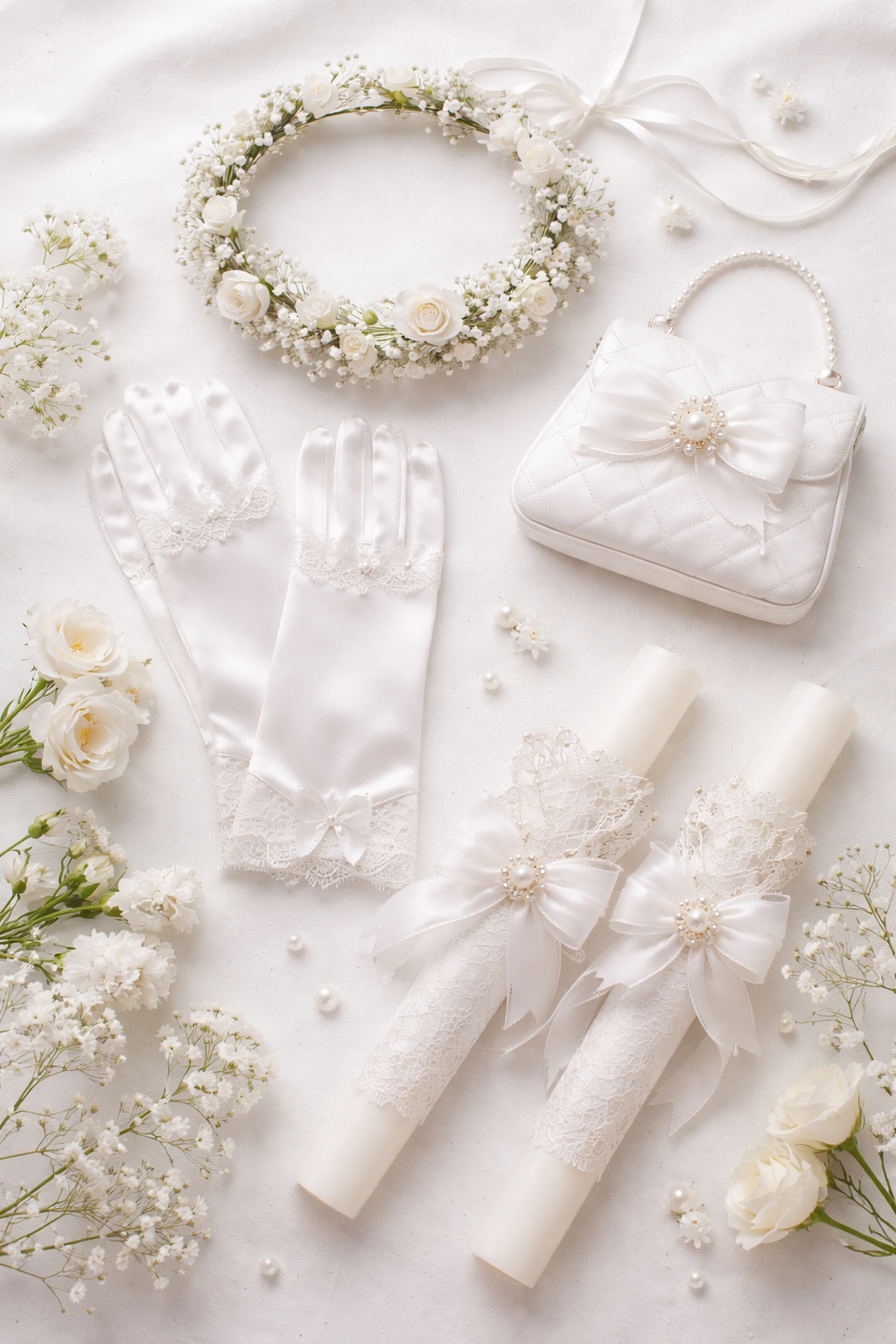 „Kommunion Accessoires für Mädchen Handschuhe Haarschmuck Kerzenschleife