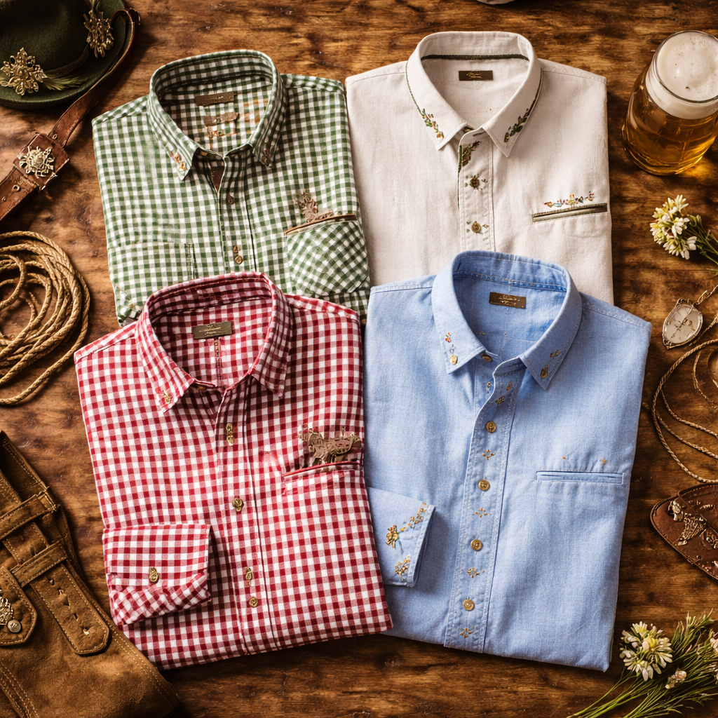„Karierte Trachtenhemden für Herren mit Stickerei und traditionellen Hornknöpfen im Alpenstil“