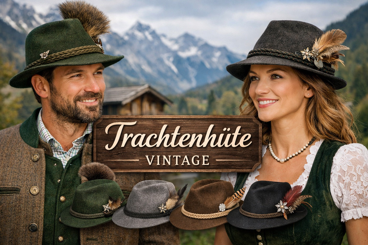 „Vintage Trachtenhüte für Damen und Herren mit Filzhüten, Gamsbart und traditioneller Trachtenmode in alpiner Landschaft“