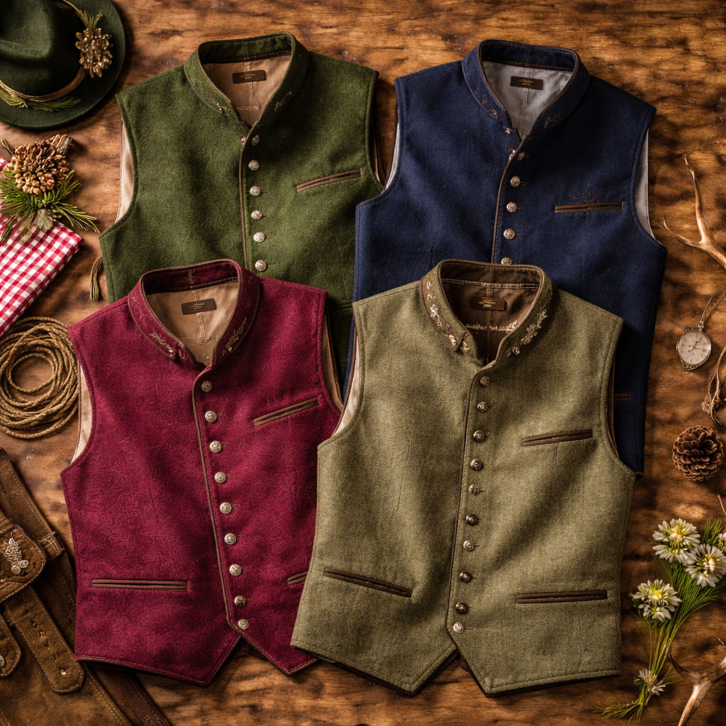 „Vintage Trachtenwesten für Herren in traditionellen Farben mit Trachtenknöpfen und Stickerei“
