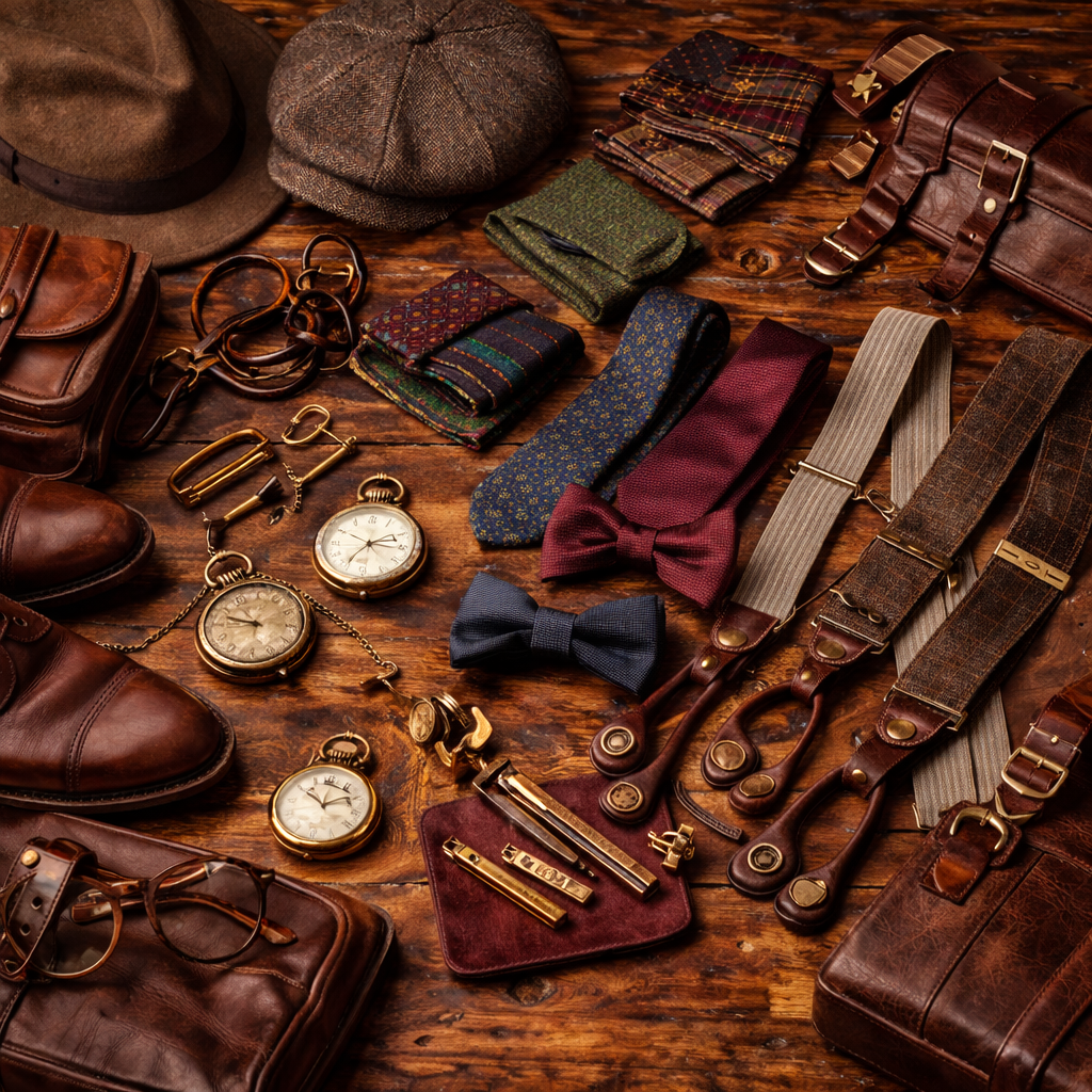 „Vintage Accessoires für Herren mit Hosenträgern, Fliegen, Krawatten und Taschenuhren im klassischen Retro Stil“